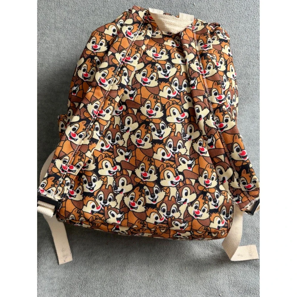 Rare Disney Chip 'n Dale All Over Print Backpack Canvas Brown Tan Cream Bag